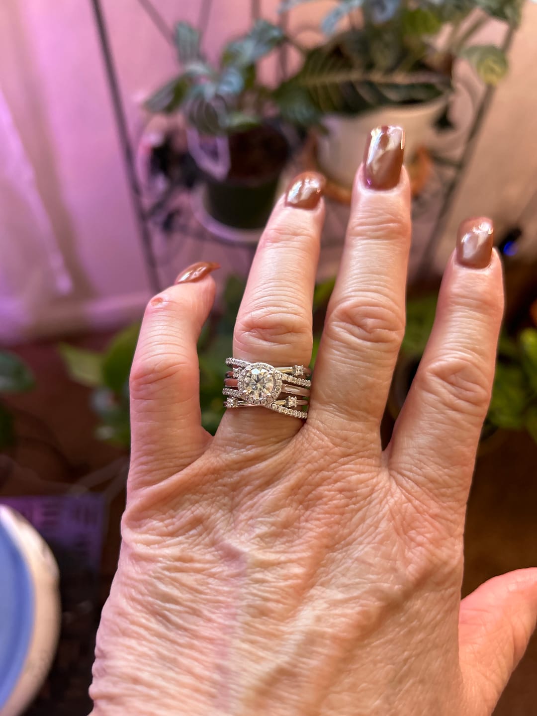 Customer photo review of Halo Moissanite With Enhancer Cross Shank Bridal Engagement Ring Set