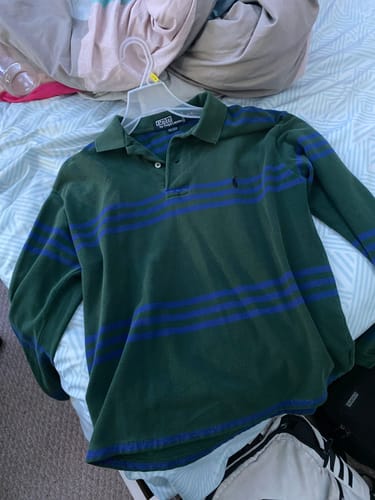 Customer photo review of Vintage Ralph Lauren Polo Shirt Adult Medium Cropped Green Striped Rugby
