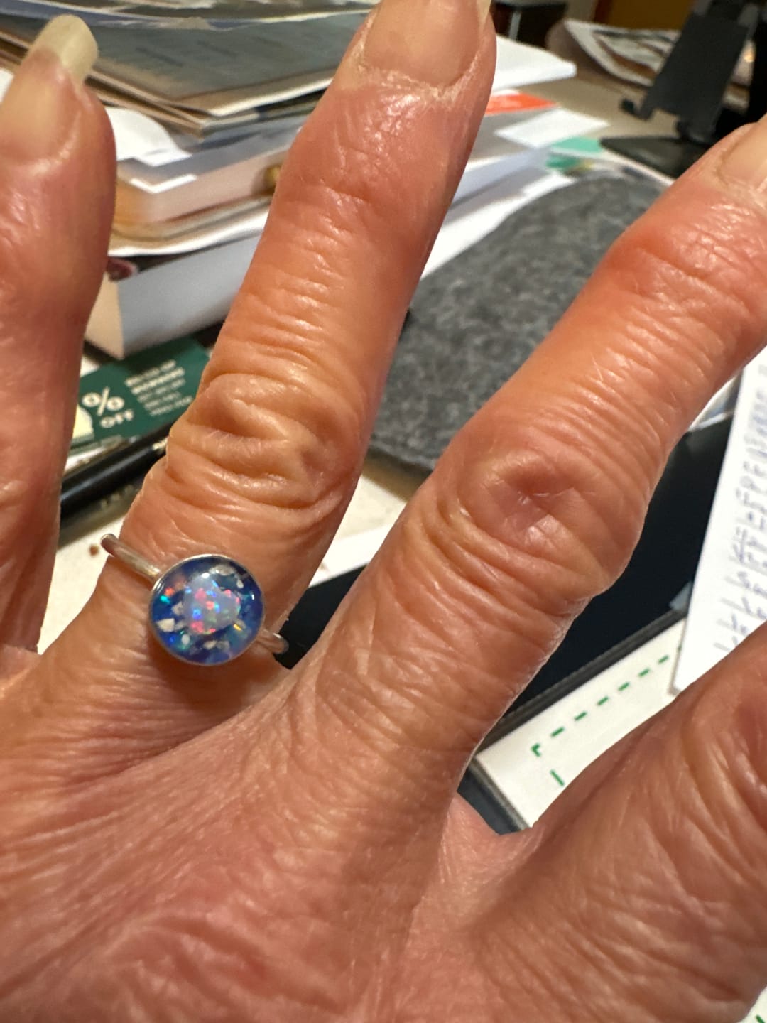 Customer photo review of Opal Heart Ring with Cremation Ashes