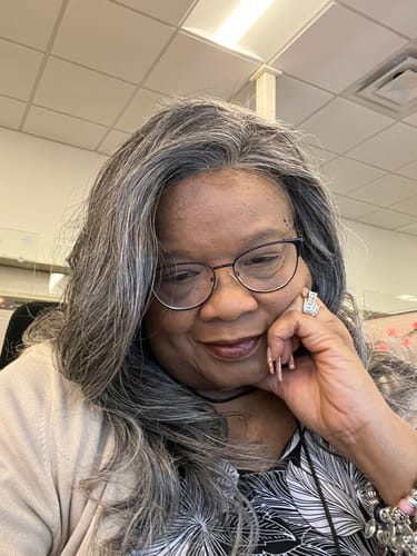 Customer photo review of Luvwin 13x4 Salt And Pepper Wavy Glueless Gray Color Pre-Cut Lace Wig Human Hair