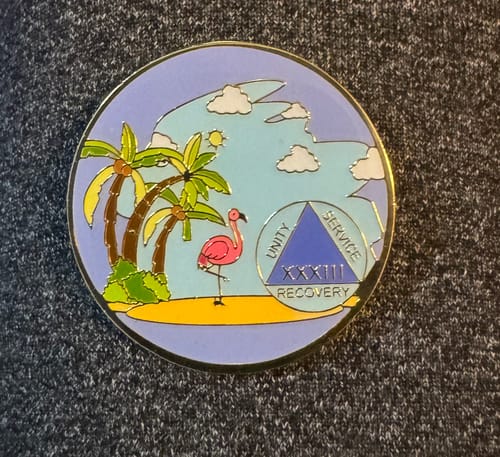 Customer photo review of 1 to 60 Year Beach Themed Specialty AA Recovery Medallion - Tri-Plated Chip/Coin