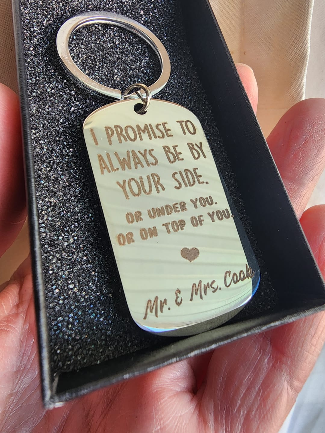 Customer photo review of I Promise To Be - Personalized Engraved Stainless Steel Keychain