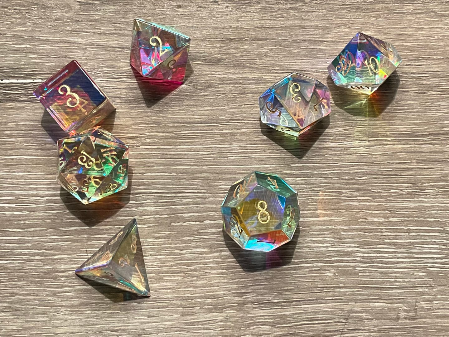 Customer photo review of URWizards D&D Dichroic Prism Glass Gemstone Engraved Dice Set