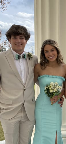 Customer photo review of Teal Duck Feather Bow Tie  with Feather Lapel Pin Set