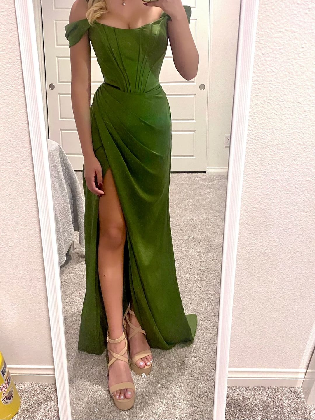 Customer photo review of CINDERELLA DIVINE 7484 Draped Corset Satin Prom Dress with High Slit