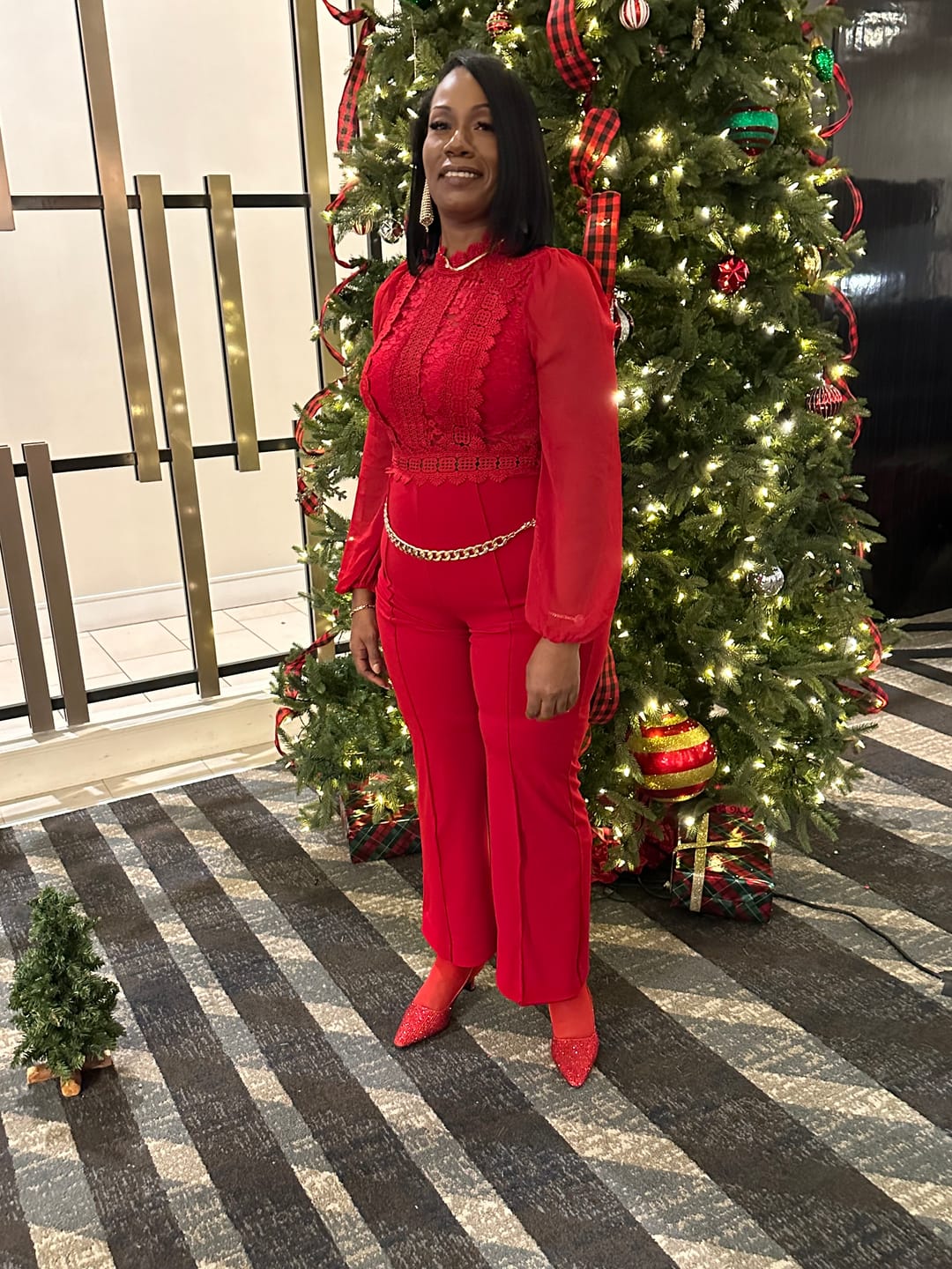 Customer photo review of Nerine Crochet Lace Mesh Jumpsuit - Red
