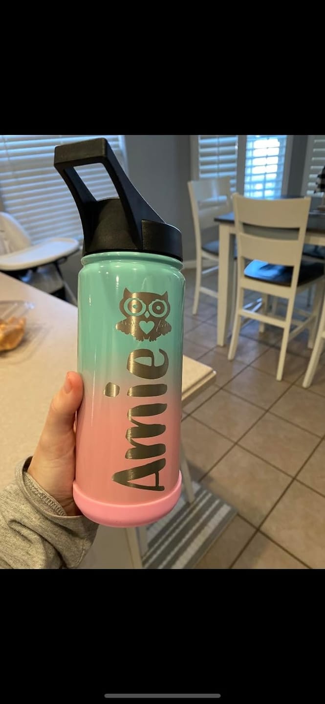 Customer photo review of Personalized Water Bottles for Kids with Name on 18oz Wide Mouth