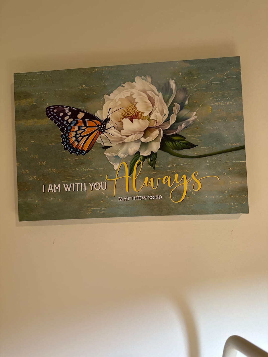 Customer photo review of I Am With You Always Matthew 28:20, Butterfly White Peony, Wall Art Canvas Print