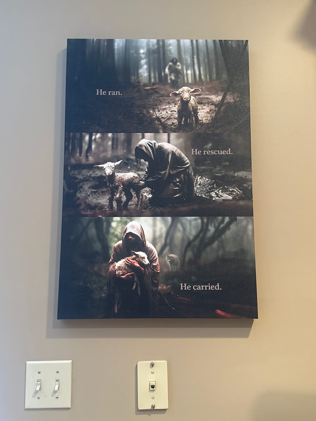 Customer photo review of He Ran, He Rescued, He Carried, Jesus and Lost Sheep, Wall Art Canvas