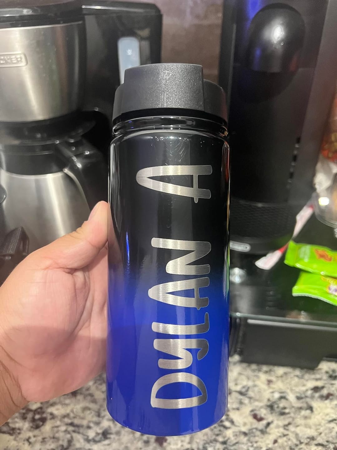 Customer photo review of Personalized Water Bottles for Kids with Name on 18oz Wide Mouth