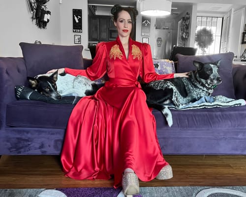 Customer photo review of BRAM STOKER'S DRACULA Embroidered Order of the Dragon Wrap Dress in Scarlet Red