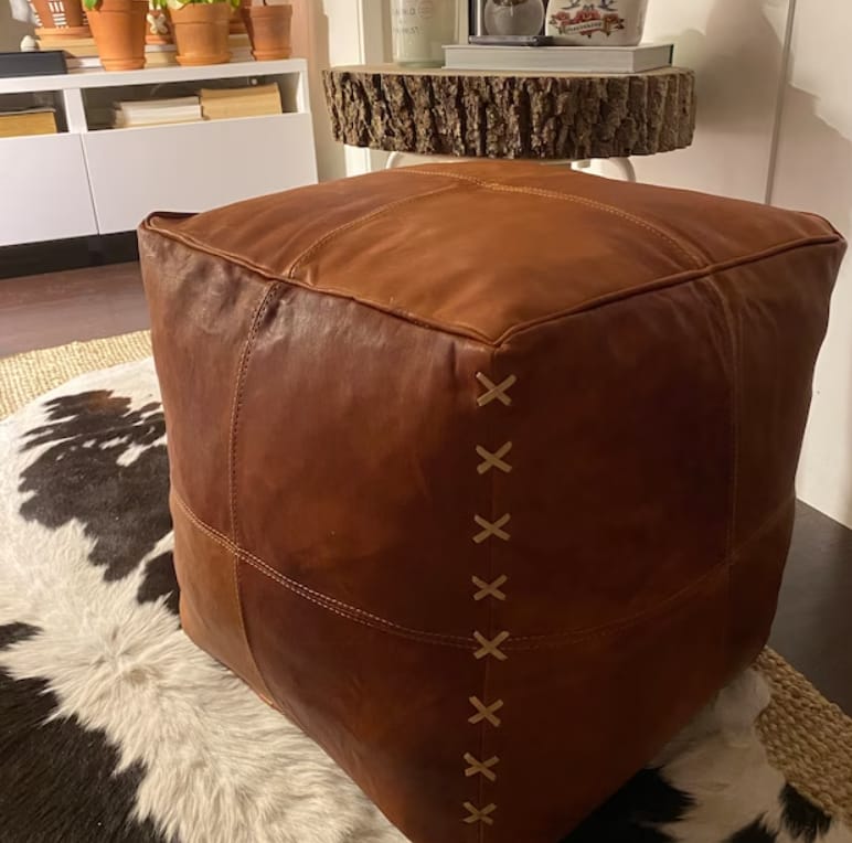 Customer photo review of Moroccan Leather Pouf, Moroccan Ottoman Pouf, Moroccan Pouffe Tan, Moroccan Square Pouf, Leather Pouf Tan