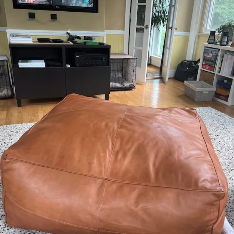 Customer photo review of Moroccan Leather Pouf, Moroccan Ottoman Pouf, Moroccan Pouffe Tan, Moroccan Square Pouf, Leather Pouf Tan
