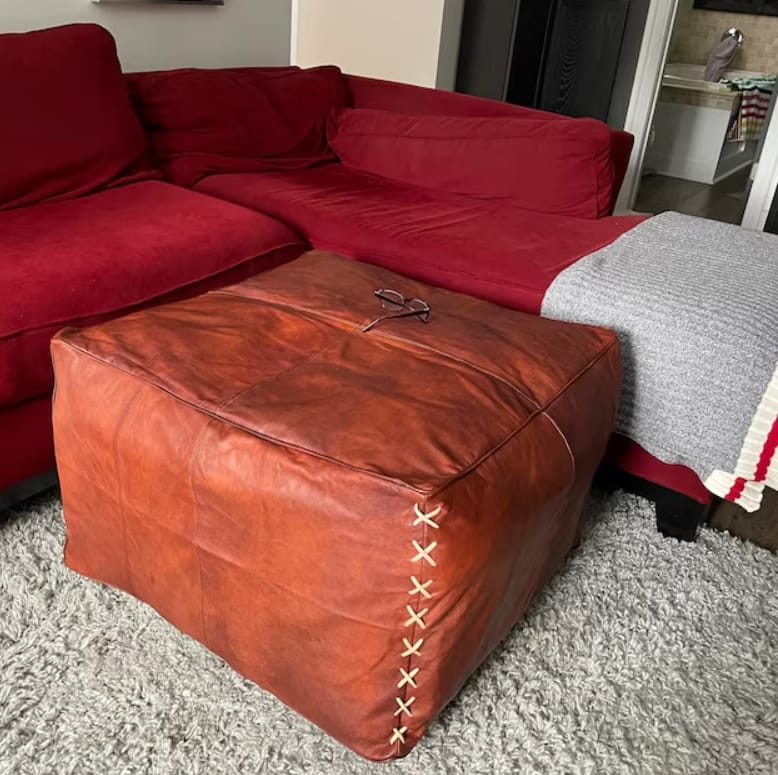 Customer photo review of Moroccan Leather Pouf, Moroccan Ottoman Pouf, Moroccan Pouffe Tan, Moroccan Square Pouf, Leather Pouf Tan