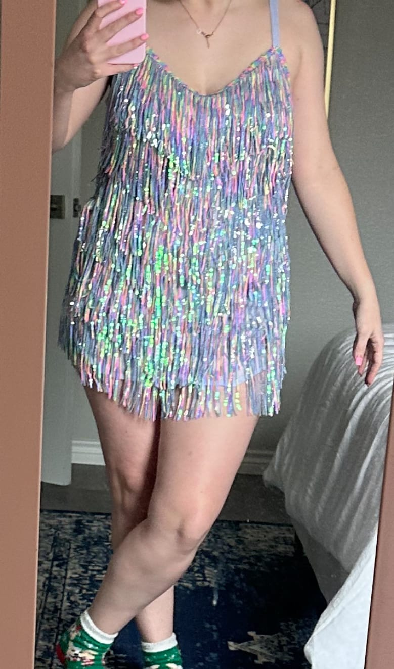 Customer photo review of Shake It My Way Short Sequin Fringe Mini Dress