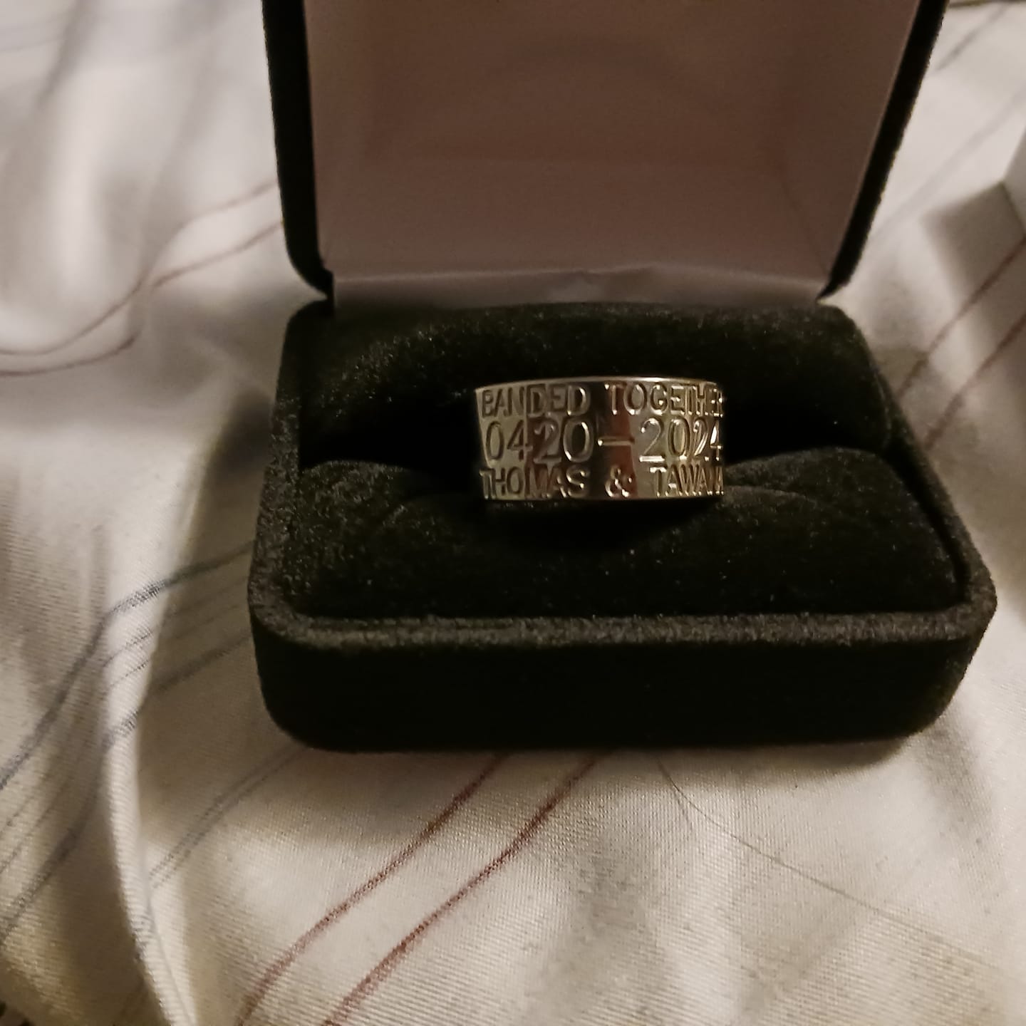 Customer photo review of Duck Band Wedding Ring - 10mm Titanium