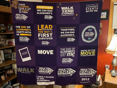 T-shirt quilt with alzheimer's awareness, charity walks themes by Jennifer from PA