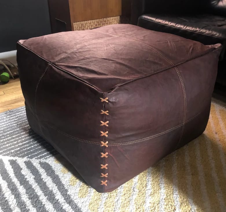 Customer photo review of Moroccan leather pouf, Moroccan Ottoman pouf, Moroccan pouffe Tan, Moroccan Square Pouf, leather pouf Tan