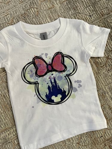 Customer photo review of Watercolor Disney Minnie Head DTF Heat Transfer, Disney Vacation Design, Mickey Minnie DTF