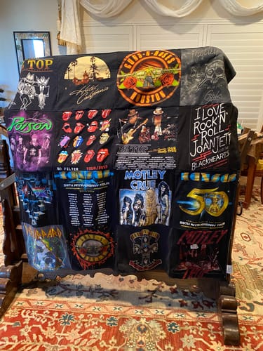 T-shirt quilt with classic rock music, live concerts themes by Janet from TX