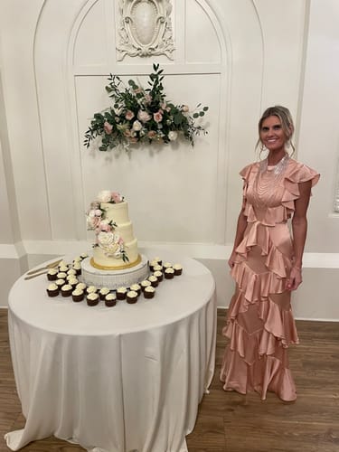 Customer photo review of Charmeuse Flutter Sleeve Diagonal Ruffle Gown | Sample | Sz. 2