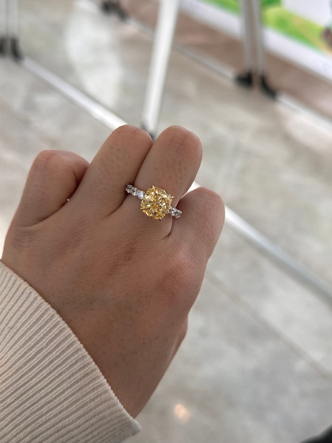 Customer photo review of Louily Stunning Two-tone Cushion Cut Yellow Sapphire Engagement Ring
