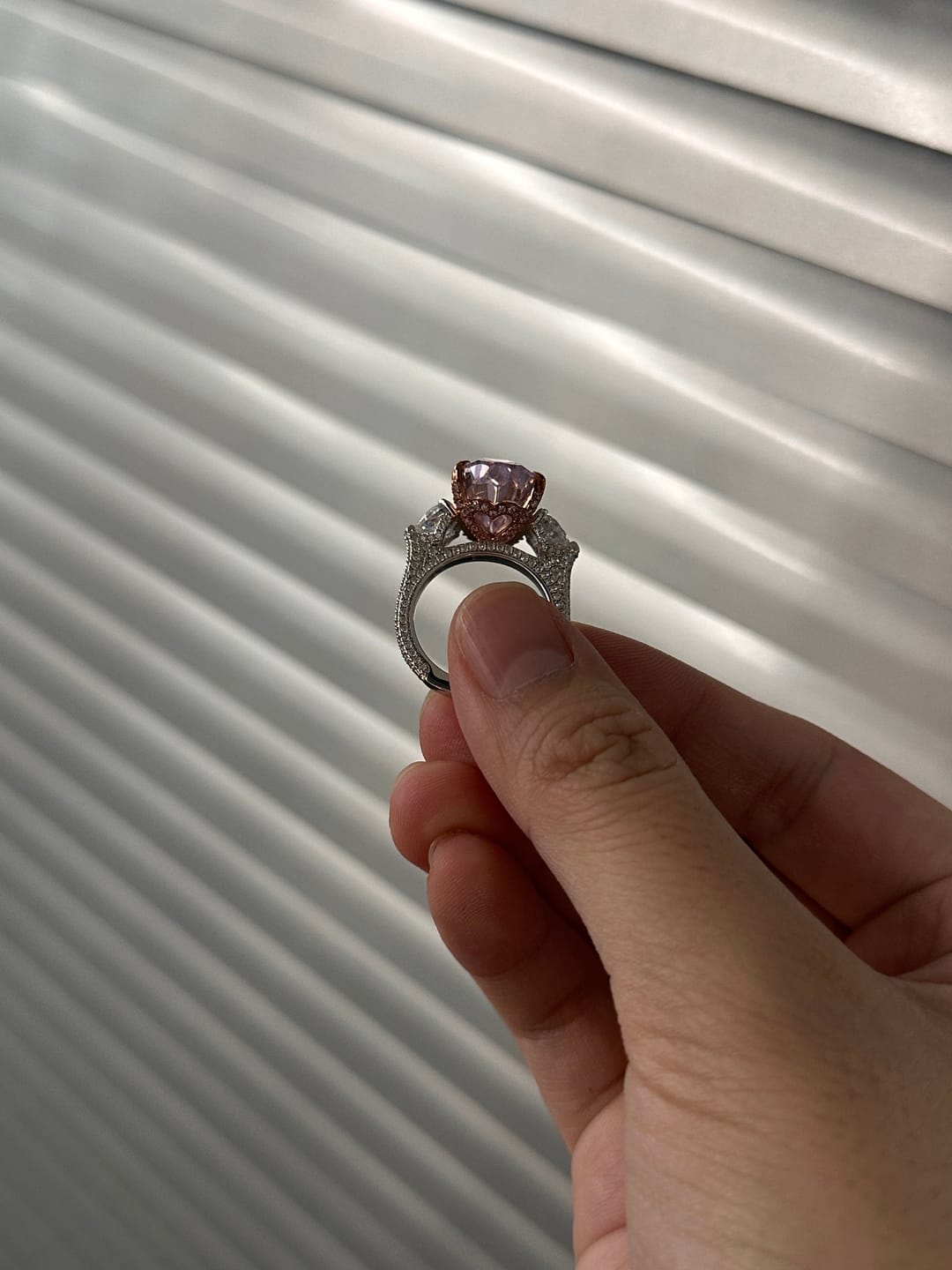 Customer photo review of S925 Stunning Pear Cut Yellow/Pink Sapphire Three Stone Engagement Ring