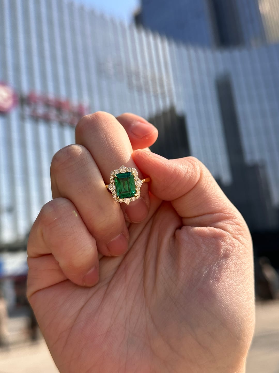 Customer photo review of S925 3.0Ct Emerald Cut Green/Red/Blue Stone Halo Engagement Ring Vintage Ring