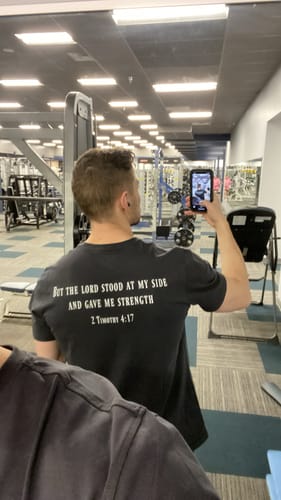 Customer photo review of 2 Timothy 4:17 Performance Tee - Gunmetal