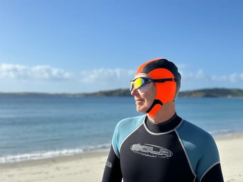 Customer photo review of HI VIS ORANGE NEOPRENE SWIM CAP ORCA