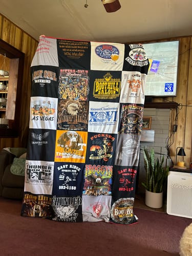 T-shirt quilt with entertainment, music themes by Gina from TN
