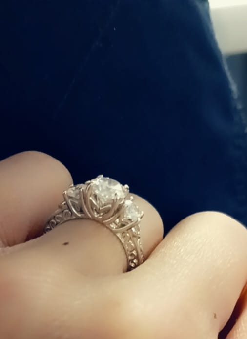 Customer photo review of Vintage Three Stone Moissanite Scroll Filigree Engagement Ring