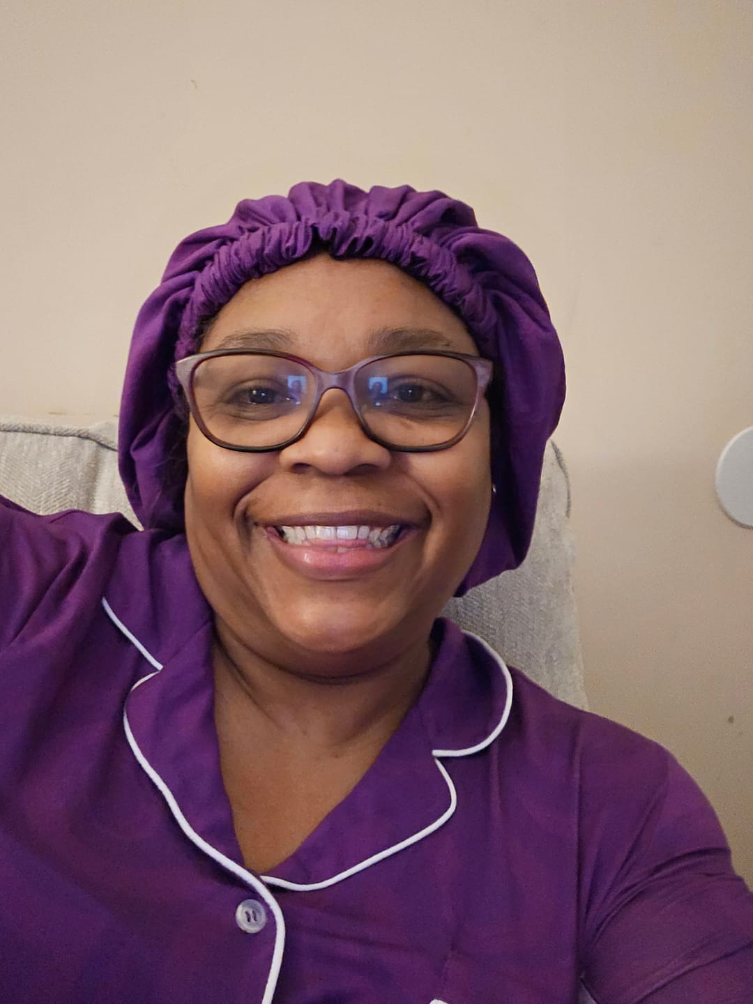 Customer photo review of Women's Bamboo Moisture Wicking, Purple Passion Long Sleeve Pajama Pants Set, With A Matching Satin-Lined Bonnet