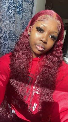 Customer photo review of 99J Burgundy Curly Hair Undetectable Glueless HD Lace Frontal Wig