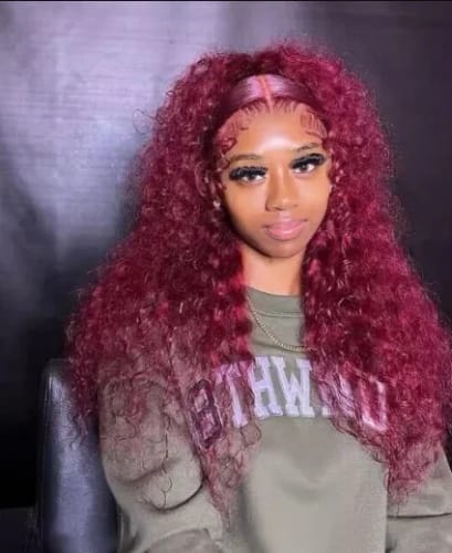 Customer photo review of 99J Burgundy Curly Hair Undetectable Glueless HD Lace Frontal Wig