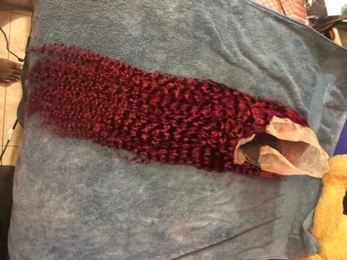 Customer photo review of 99J Burgundy Curly Hair Undetectable Glueless HD Lace Frontal Wig