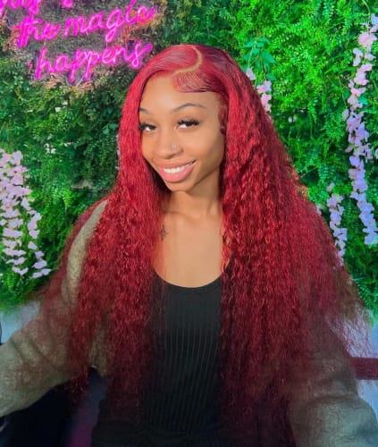 Customer photo review of 99J Burgundy Curly Hair Undetectable Glueless HD Lace Frontal Wig