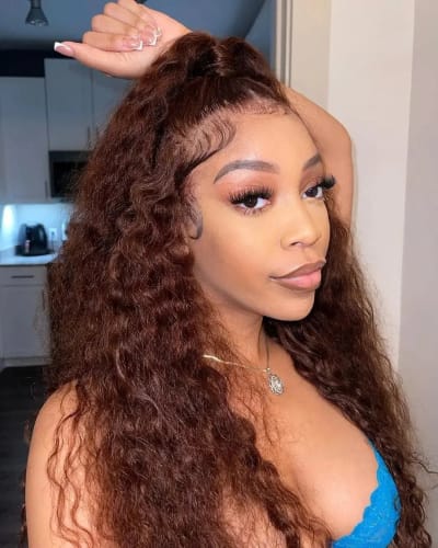 Customer photo review of Chocolate #4 Brown Deep Wave Glueless Wigs HD Transparent Lace Front Wigs