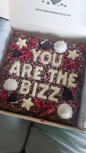 Customer photo review of Custom message raspberry white choc brownie