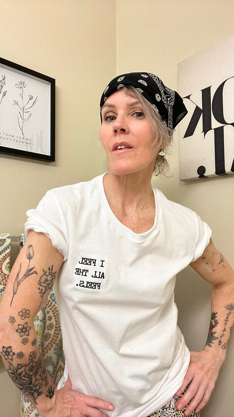 Customer photo review of I Feel All The Feels Embroidered T-Shirt