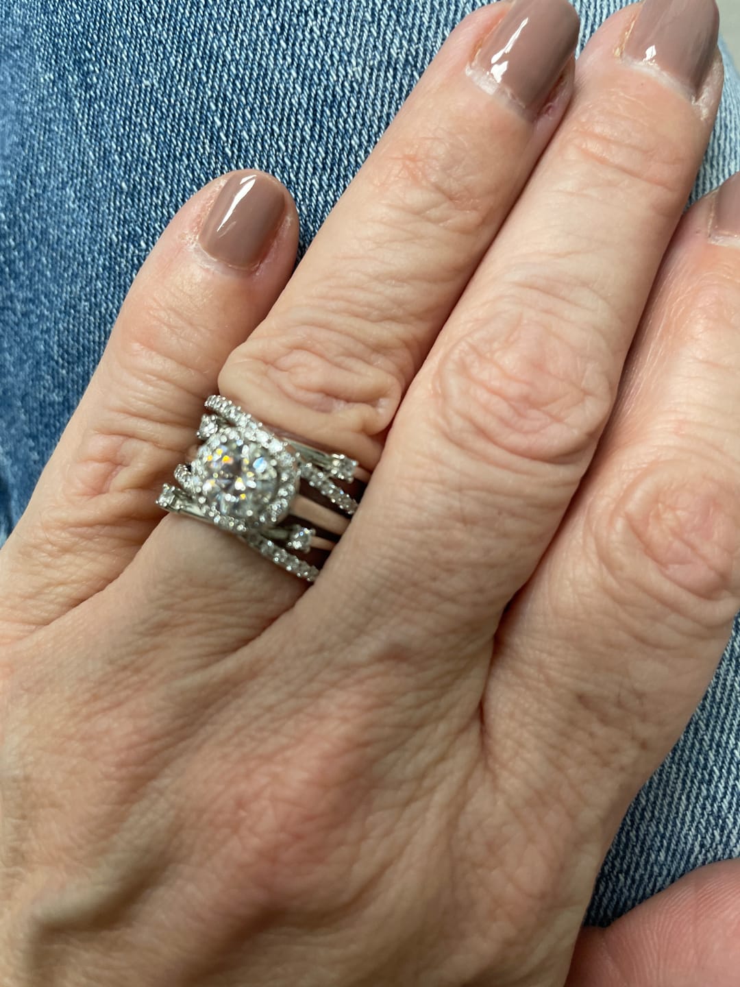 Customer photo review of Halo Moissanite With Enhancer Cross Shank Bridal Engagement Ring Set