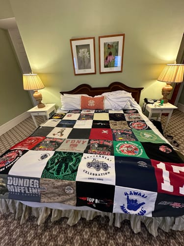 T-shirt quilt with tv shows, firefighting themes by Kayla from NH
