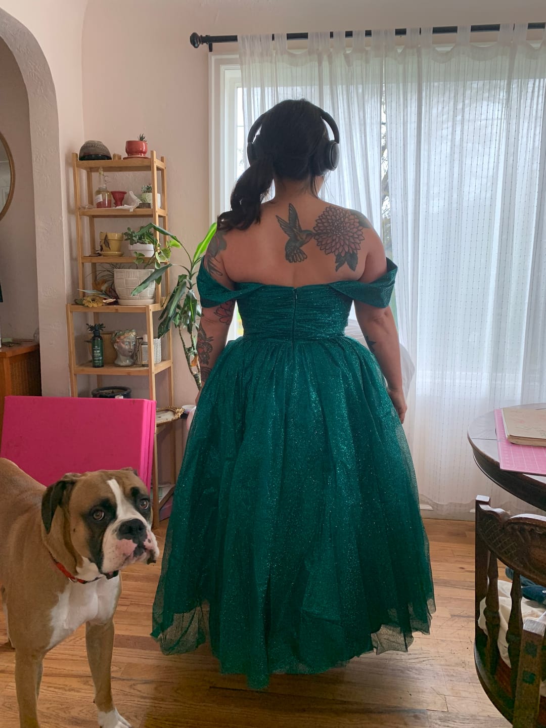 Customer photo review of CINDERELLA DIVINE CD870 Off-Shoulder Glitter Tea Length Dress