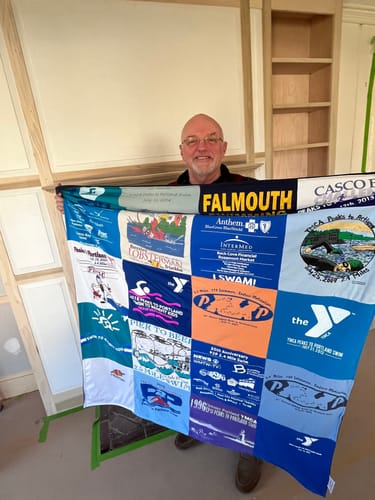 T-shirt quilt with swimming, community events themes by Tammy from ME