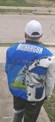 Customer photo review of Custom Nicaragua Bomber Jacket Flag & Coat Of Arms Skull Style
