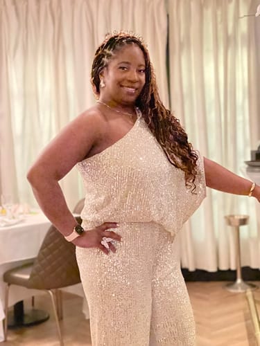 Customer photo review of Rebecca Champagne Gold One Sleeve Sequin Jumpsuit