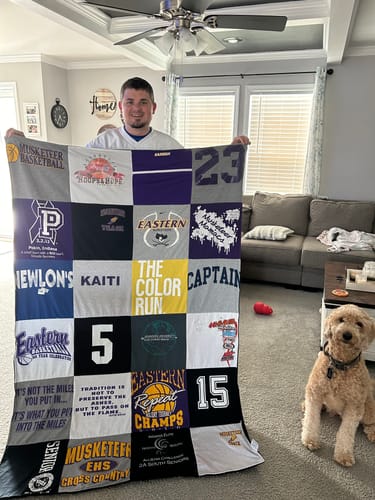 T-shirt quilt featuring musketeer basketball, eastern high school cross country by Curtis from IN