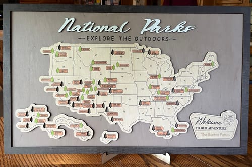 Customer photo review of US Wooden National Parks Travel Map With Trees To Record Park Visits (Light Grey)