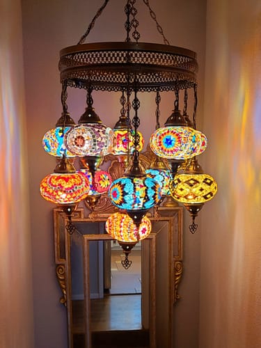 Customer photo review of 11-BALL TURKISH SULTAN MOSAIC CHANDELIER, LARGE GLOBES ID: M11-08