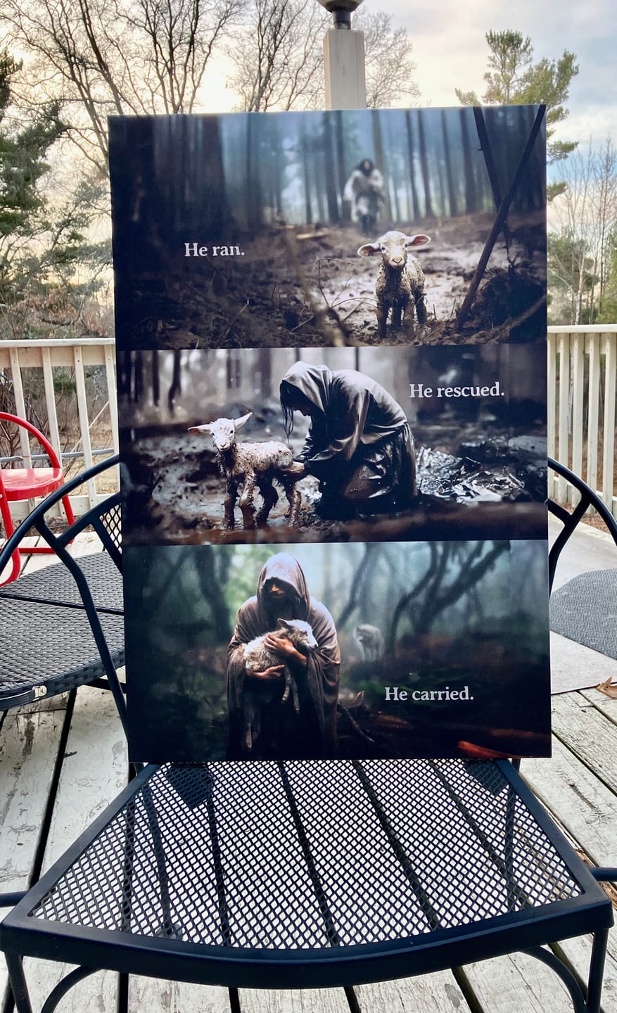 Customer photo review of He Ran, He Rescued, He Carried, Jesus and Lost Sheep, Wall Art Canvas